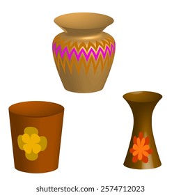 Vector graphics. Three beautiful flower vases with ornament on a white background.