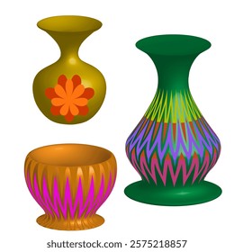 Vector graphics. Three bright colored vases with ornaments on a white background.