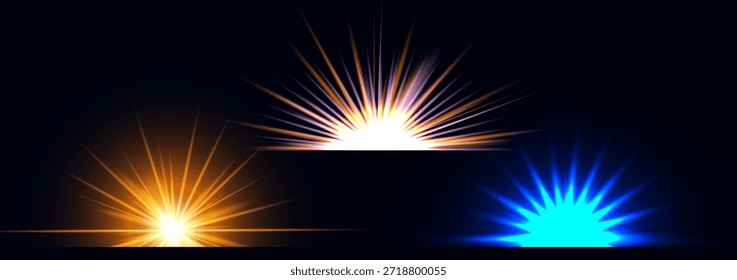 Vector graphics. Three bright stars rising from the horizon against a dark background.