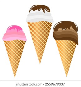 Vector graphics. Three different ice creams in cones on a white background.