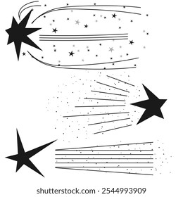 Gráficos vetoriais. Três estrelas voadoras em tons pretos sobre um fundo branco.