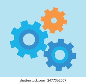 Vector graphics of three gears. One cog is orange and two are in different shades of color. Vector graphics in a flat style.