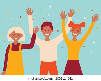 Vector graphics - three teenagers - two girls and one boy wave their hands in greeting and smile happily. Concept - friendly team or back to school