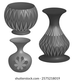 Vector graphics. Three vases in black and white tones with ornament on a white background.