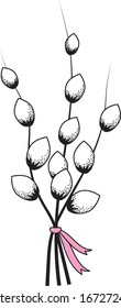 Vector graphics. Three willow twigs tied with a pink ribbon.