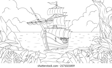 Vector Graphics, A Three-masted Ship Sails Along The Coastline, Coloring Book