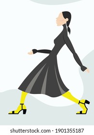 Vector graphics - a top model girl in a dark gray dress, bright yellow tights and black sandals walks along the catwalk isolated. The concept of beauty and fashion