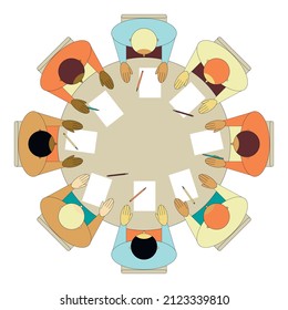 Vector graphics - top view - eight people sitting at a round table with blank white forms and pens. Concept business team or group mental health classes