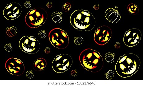 Vector graphics. The traditional Halloween character is a pumpkin. Glowing and funny pumpkins on a black background. Ideas for banners, flyers, invitations and other printed materials for Halloween.