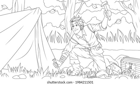 Vector graphics, treasure hunter sets up a tent for a halt, coloring book