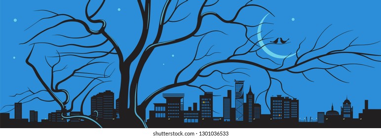 Vector graphics. Tree silhouette with birds and modern, contingent the city in the background of the starry sky