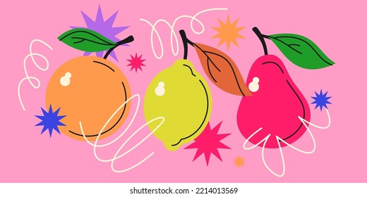 Vector graphics in a trendy minimalist style with geometric elements and fruits. Elements for design.