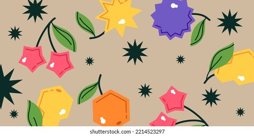 Vector graphics in a trendy minimalist style with geometric elements and fruits. Background with stylized fruits.