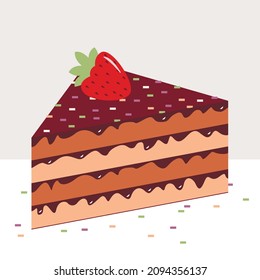 Vector graphics - a triangular piece of sponge cake with chocolate cream and strawberry on top isolated. Concept sweets for birthday