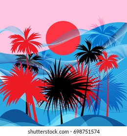 Vector graphics tropical landscape with palm trees and sun