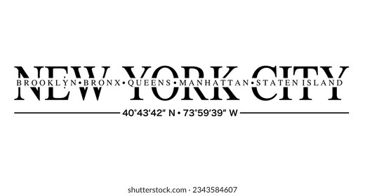 Vector graphics t-shirt New York, city districts, location with coordinates. Print design