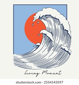 Vector graphics for t-shirt prints, Big waves with the red sun, use this prints for Sweatshirt, T- shirt, shirt, poster,