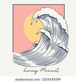 Vector graphics for t-shirt prints, Big waves with the red sun, use this prints for Sweatshirt, T- shirt, shirt, poster,