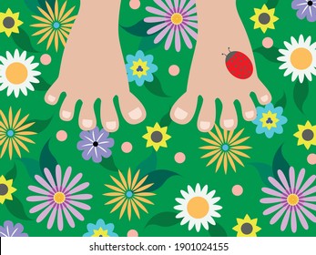 Vector graphics - two bare feet close-up on a green meadow with bright colorful flowers and a red ladybug on the leg. Concept-summer