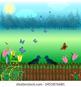 Vector graphics. Two birds are sitting on a carved fence. Tulips are blooming and butterflies are flying.