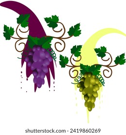 Vector graphics. Two bunches of grapes against the background of flowing red and white wine.
