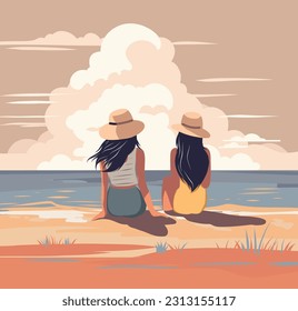 Vector graphics, two girls on vacation in a hat sit on the seashore and look at the seascape on the clouds flat style pastel soft color