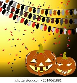Vector graphics. Two Halloween pumpkins with glowing eyes, garlands of flags and falling confetti.