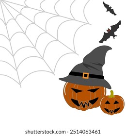 Vector graphics. Two Halloween pumpkins, spider web and bats on a white background.