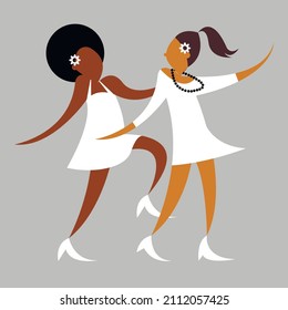 Vector graphics - Two happy lesbian women having fun dancing in white wedding dresses isolated. The concept of interracial lgbt marriage