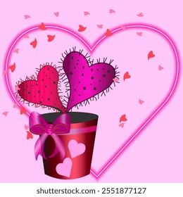 Vector graphics. Two heart-shaped cacti grow in a pot with a bow on a pink background.