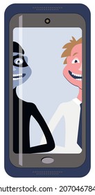 Vector graphics - two men on a smartphone screen - a decent one and a fraudster in a gangster mask. Concept - Internet fraud and protection of personal data on the Internet