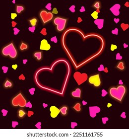 Vector graphics. Two neon hearts on a dark background. Flying heart-shaped confetti around.
