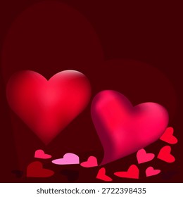 Gráficos de Vector. Dos corazones rojos volumétricos y un café en forma de corazón sobre un fondo rojo.