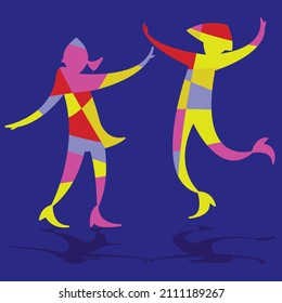 Vector graphics - Two young abstract bright female silhouettes actively dancing merrily on a dark blue background isolated. Party concept.