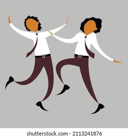 Vector graphics - Two young homosexuals in white shirts and ties happily dance and jump at their wedding isolated