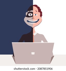 Vector graphics - a two-faced computer fraudster sits in front of a laptop and smiles. Concept - online crimes, hackers and personal data protection