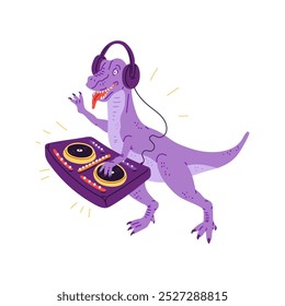 Gráficos de Vector con un DJ rex Tyrannosaurus, con música que se reproduce en los tocadiscos de sus auriculares. Diseño lindo y divertido para el concepto de una fiesta infantil