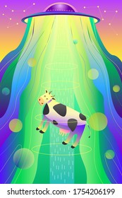 Vector graphics. An unidentified flying object takes a cow. Flying saucer. UFO. Aliens.