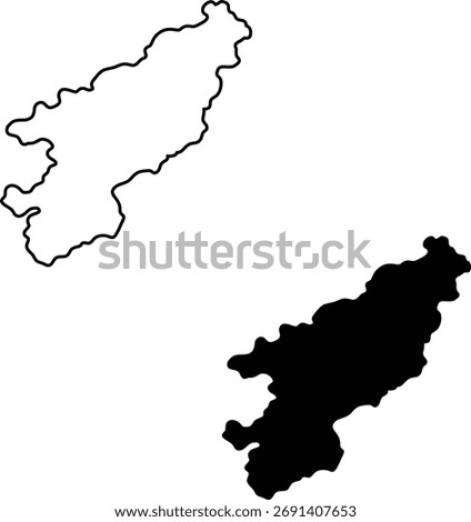 Vector graphics of an unknown country or region's map, depicted as a solid black shape and a corresponding precise outline on white.