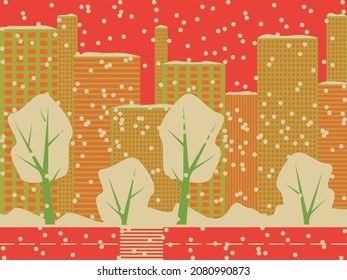 Vektorgrafik - urbane Landschaft mit Fassaden von mehrstöckigen Gebäuden, schneebedeckten Bäumen und fallendem Schnee von trendigen roten-grünen Farben. Konzept - Winter und Weihnachten in der Stadt