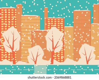 Vector graphics - urban landscape with modern skyscrapers, trees and snow falling on the road. Concept - New Year and Christmas in the city