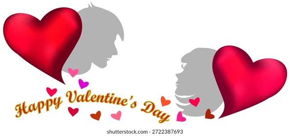 Gráficos de Vector. Tarjeta de San Valentín. Dos corazones Grandes y siluetas de un hombre y una mujer sobre un fondo blanco.