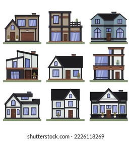 Vector graphics. Various buildings. Front view. Houses with a roof, a door and vegetation
