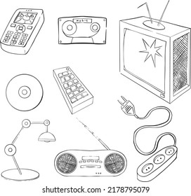 Vector graphics of various objects: TV, remote control, disk, cassette, lamp, boombox, extension cord, mobile