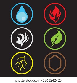 vector graphics of various symbols or icons of natural elements consisting of water, fire, wind, plants, lightning and rocks. can be used for icons or logos