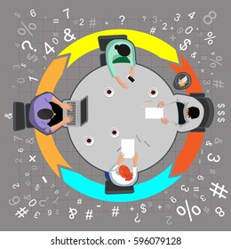 Vector graphics. A view of the table top meeting. 4 people sitting at a round table. Around the numbers and signs