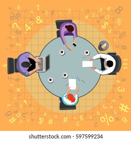 Vector graphics. A view of the table top meeting. 4 people sitting at a round table. Around the numbers and signs