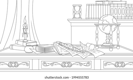 Vector Graphics, Vintage Desk With Old Books, Candles On Candlesticks, Book Coloring