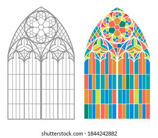 Vector graphics. Vintage gothic background with arch contour drawing. Stained glass
