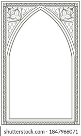 Vector graphics. Vintage gothic background with arch contour drawing. Window or gate